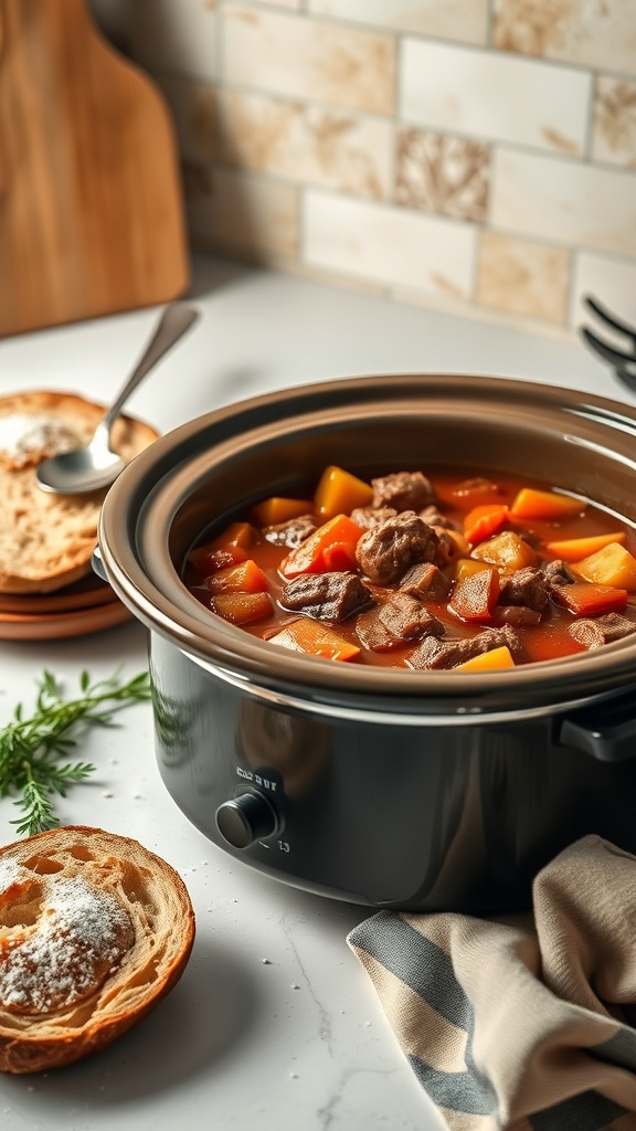 A slow cooker filled with beef stew, surrounded by slices of bread and fresh herbs.