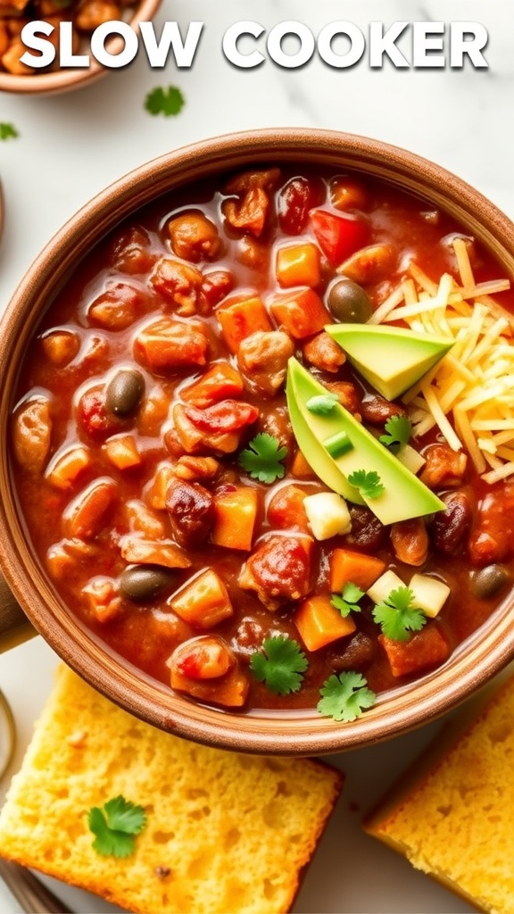 A bowl of slow cooker chili topped with cheese and avocado, served with cornbread.