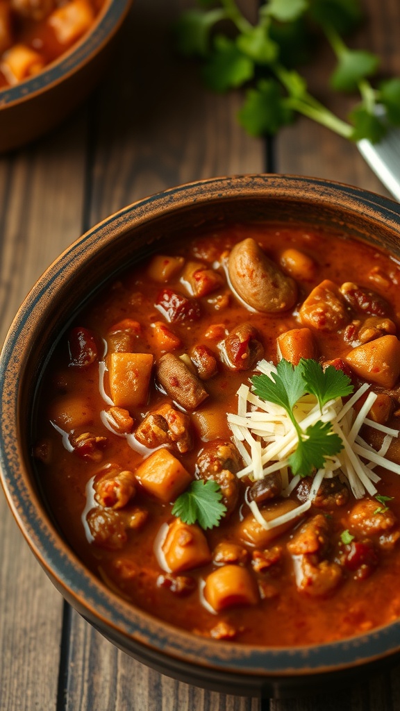 A bowl of slow cooker chili topped with cheese and cilantro, served on a wooden table.