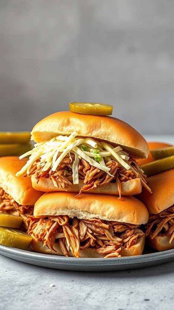 Slow cooker pulled pork sandwiches with coleslaw and pickles on a plate.
