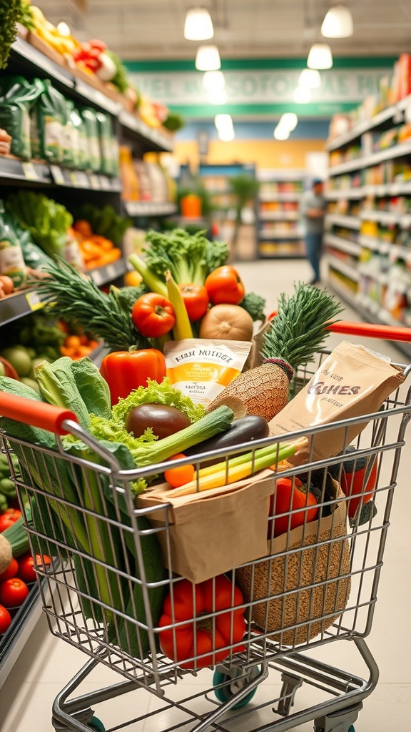 A shopping cart filled with fresh vegetables and healthy ingredients in a grocery store aisle.