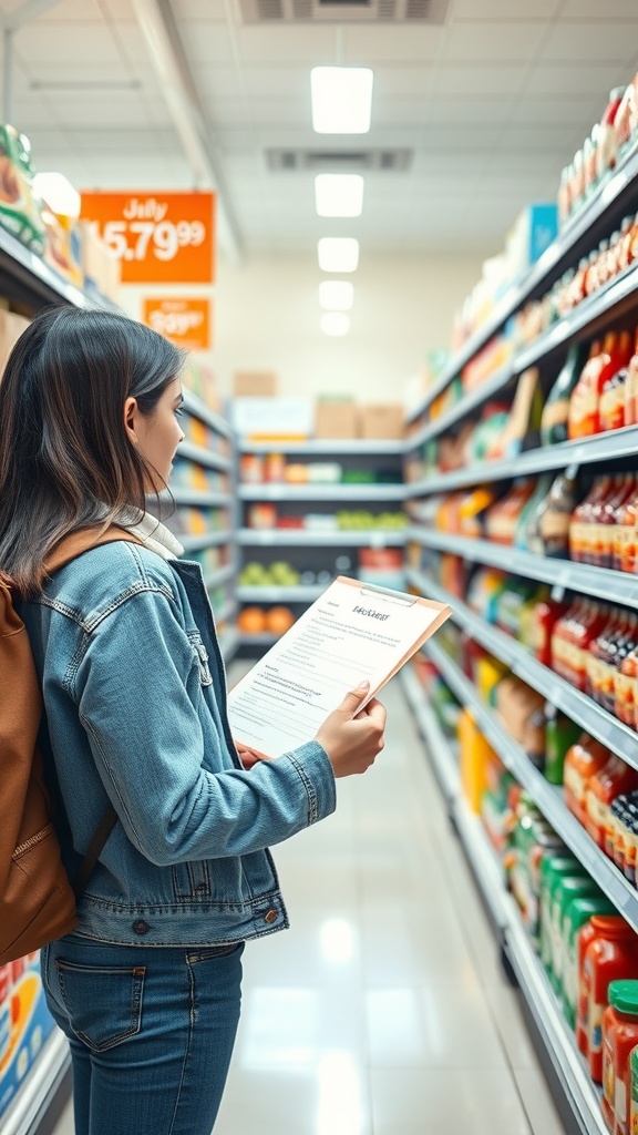 A student checking a grocery list in a store aisle filled with various food products.
