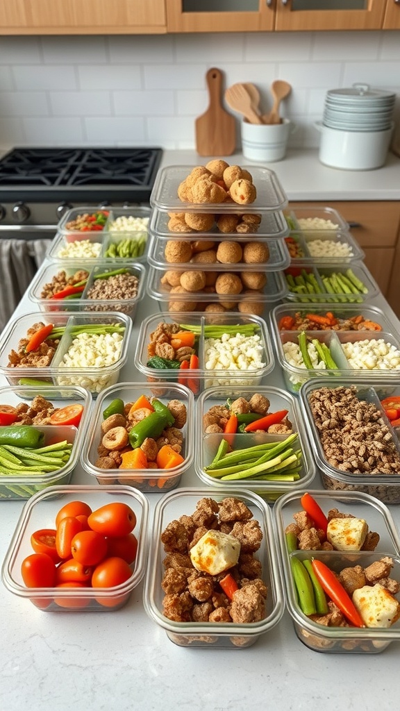 A well-organized meal prep setup with colorful ingredients in containers, showcasing smart portion control for weight loss.