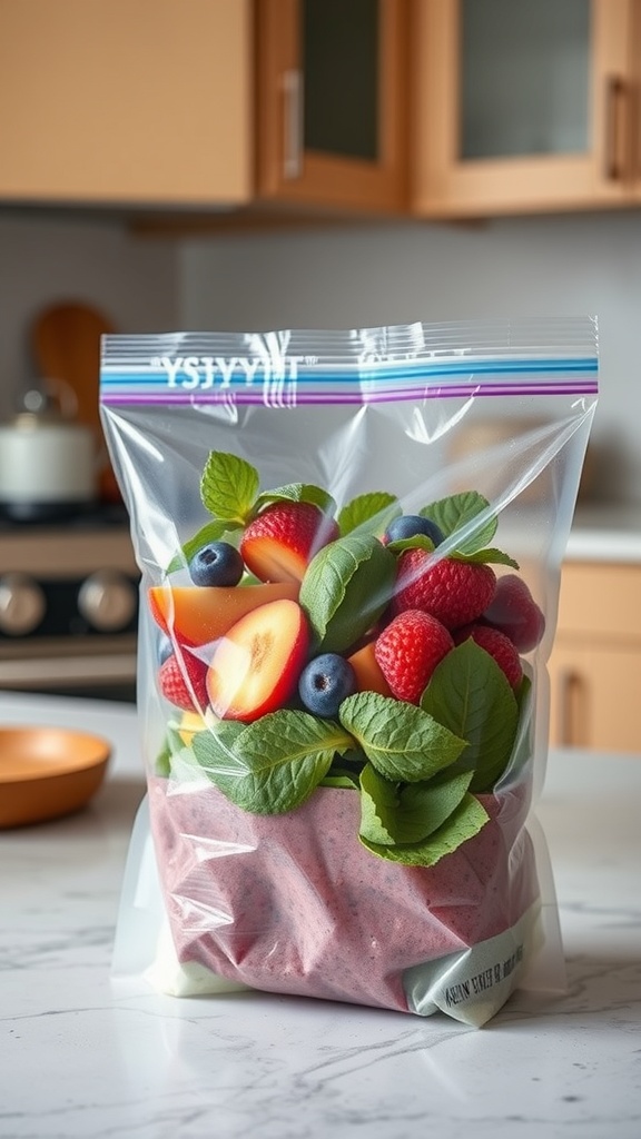 A colorful smoothie pack filled with fresh fruits and spinach, ready for blending.