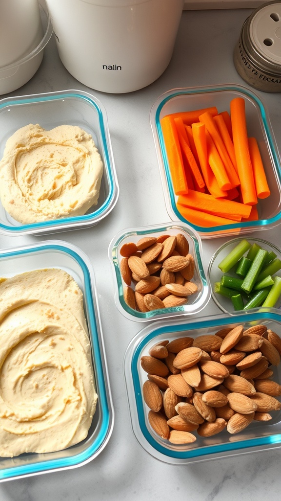 Healthy snacks including hummus, carrot sticks, celery, and almonds in meal prep containers.