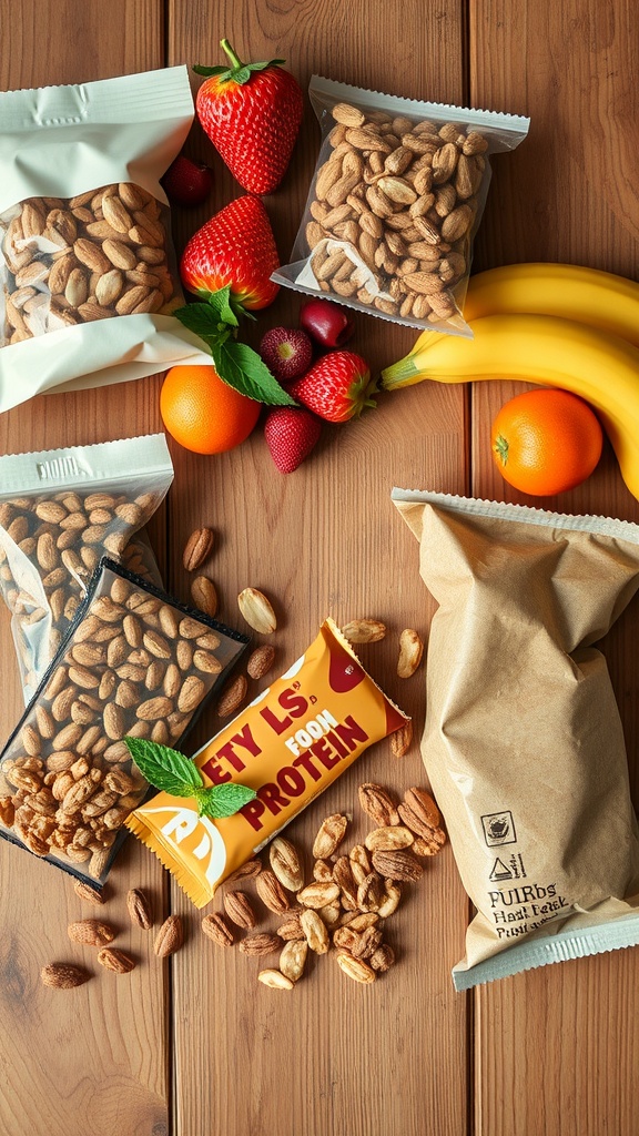 An assortment of healthy snack packs including nuts, fruits, and protein bars on a wooden table.