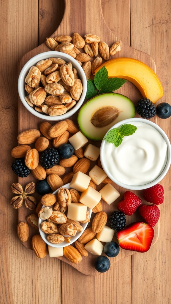 A variety of healthy snacks including nuts, fruits, and yogurt on a wooden board.