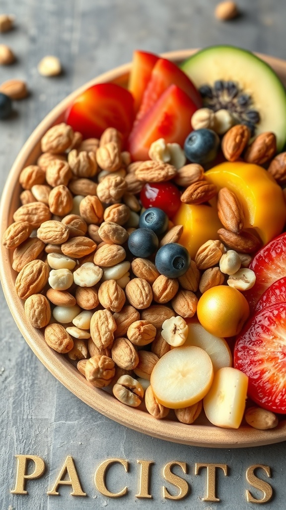 A colorful plate of mixed nuts and fresh fruits, showcasing healthy snack options.