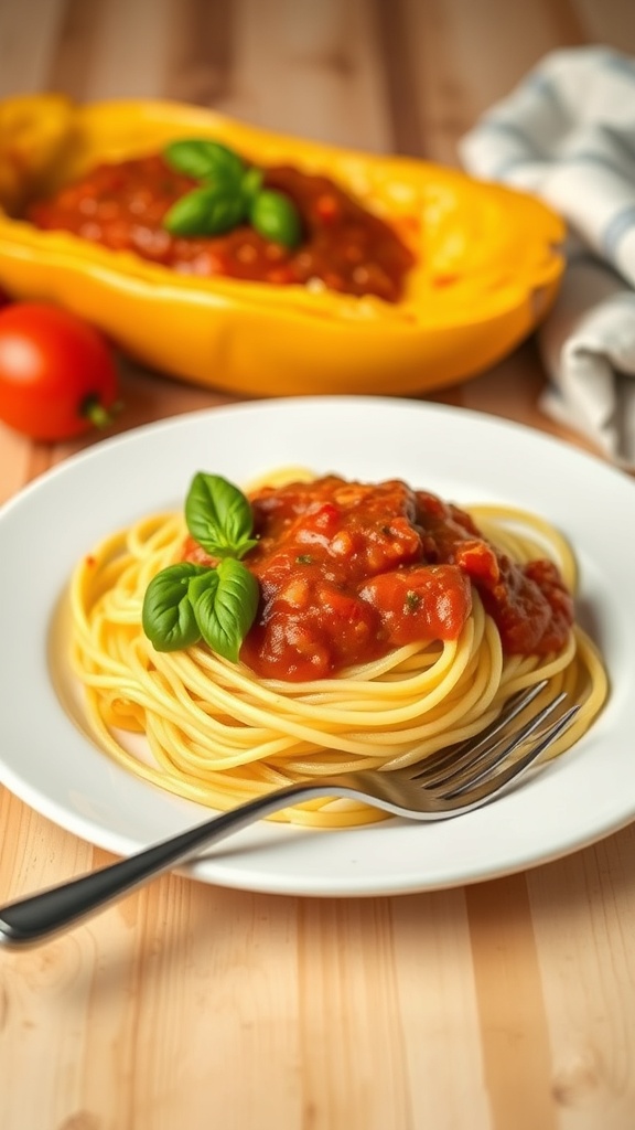 A plate of spaghetti squash topped with marinara sauce and fresh basil, with a whole spaghetti squash in the background.