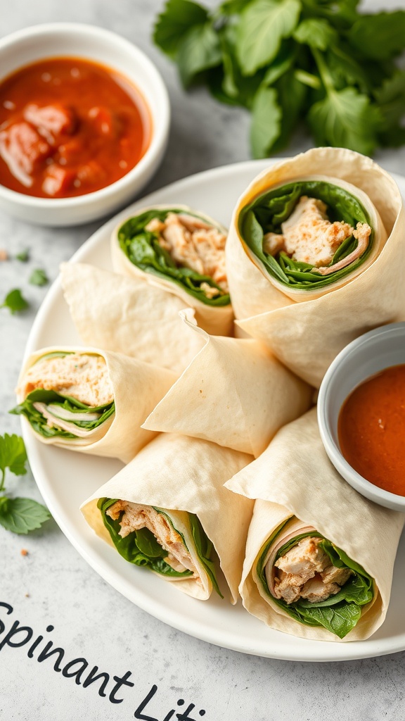 Speedy Turkey and Spinach Wraps on a plate with dipping sauce