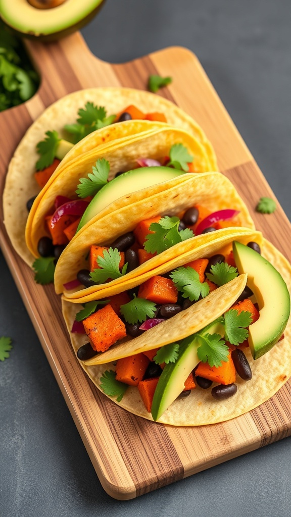 Three spicy black bean and sweet potato tacos topped with avocado and cilantro on a wooden board.