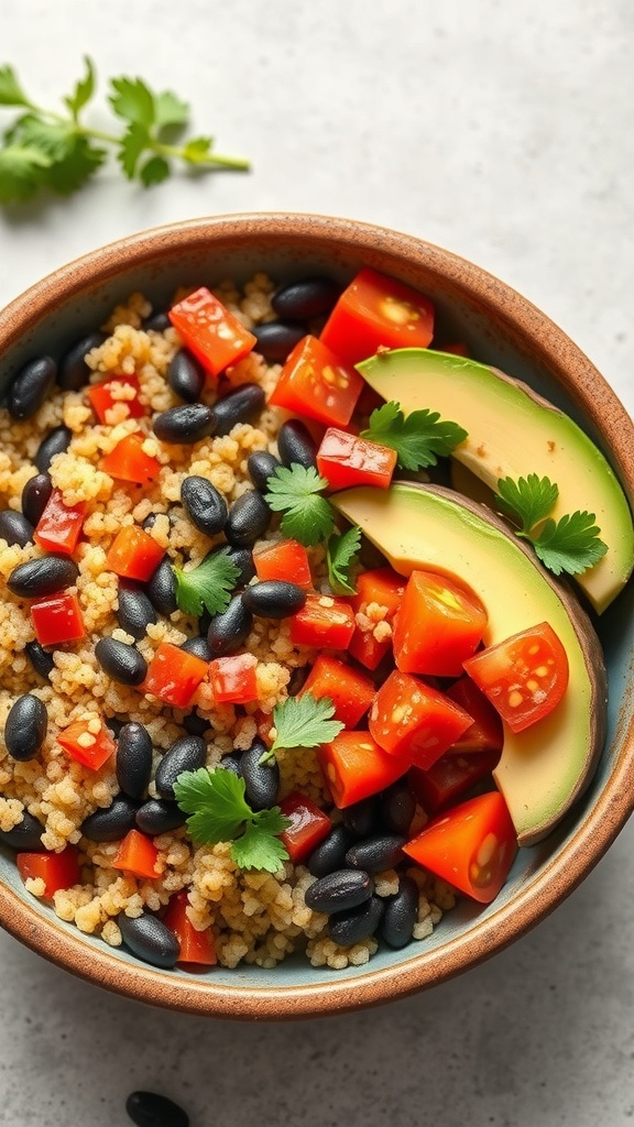 A colorful bowl of Spicy Black Bean Quinoa with diced tomatoes, black beans, and avocado slices.
