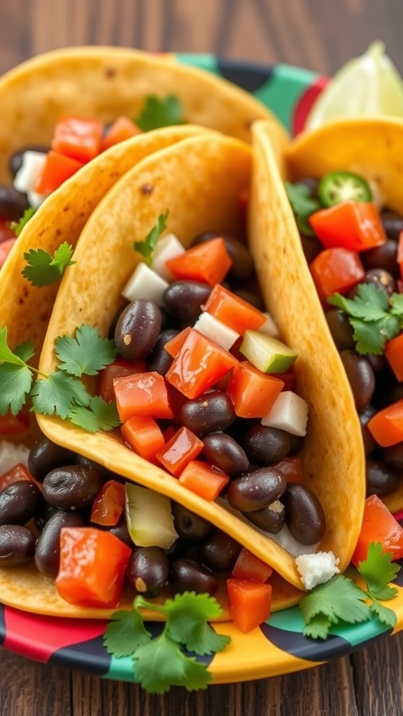 Three spicy black bean tacos filled with black beans, diced tomatoes, and cilantro on a colorful plate.