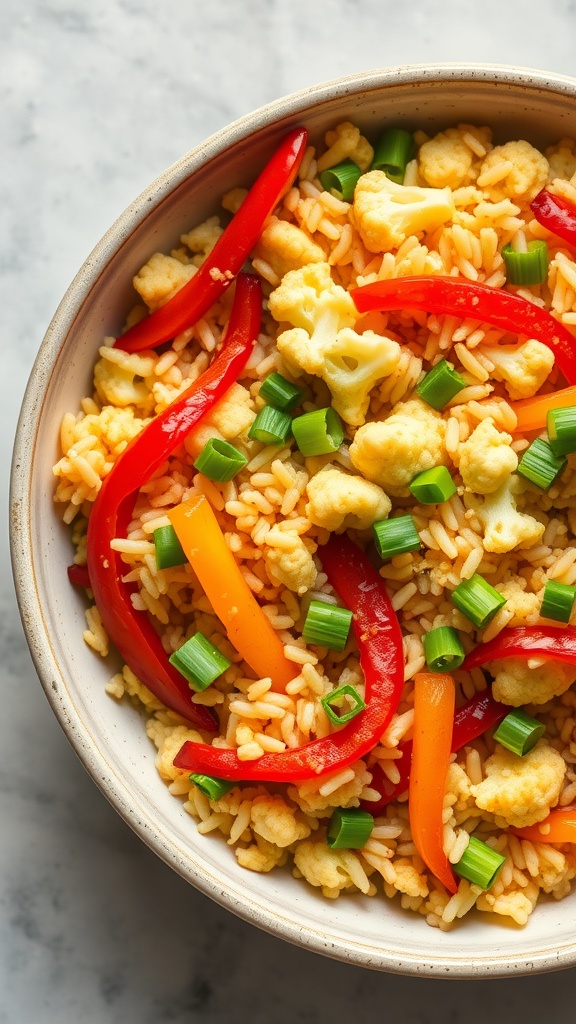 A bowl of spicy cauliflower rice stir-fry with colorful bell peppers and green onions.