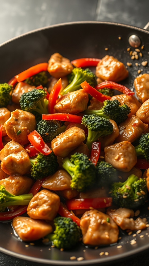 A colorful stir-fry with chicken, broccoli, and red bell peppers in a skillet.