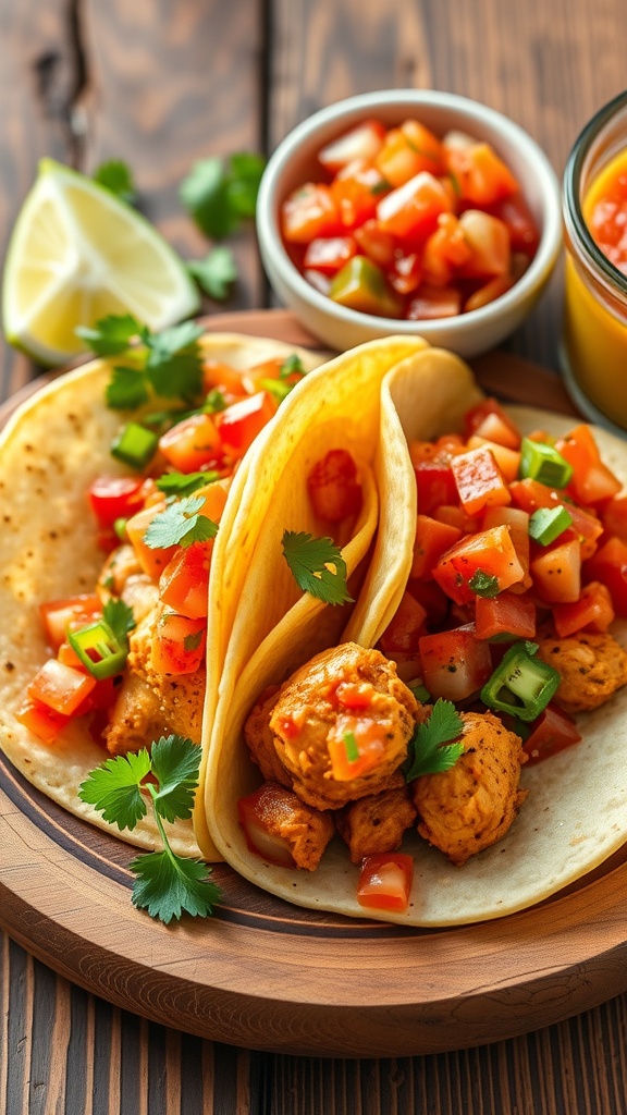 Spicy chicken tacos with salsa on a wooden plate