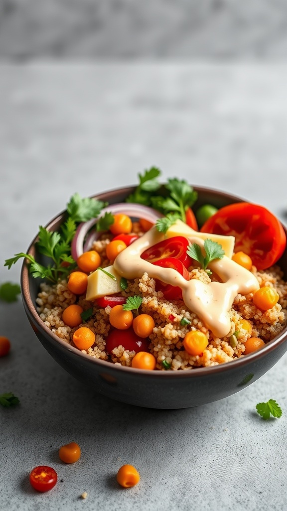 A bowl of spicy chickpea and quinoa with fresh vegetables and sauce.