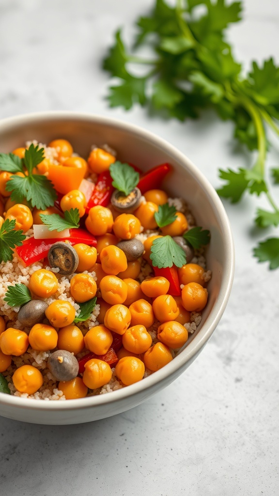 A bowl of spicy chickpea and quinoa topped with fresh vegetables and cilantro.