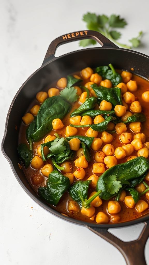 A pot of spicy chickpea and spinach stew with steam rising, showcasing chickpeas and fresh spinach.