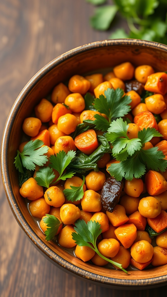 A bowl filled with spicy chickpeas and sweet potatoes garnished with fresh cilantro.