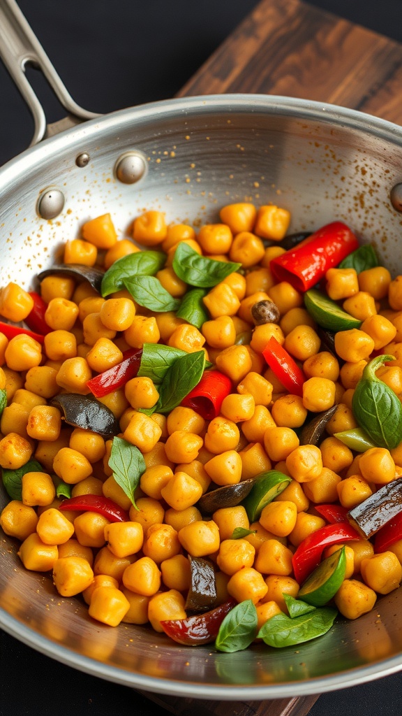 A colorful spicy chickpea stir-fry with bell peppers and fresh basil in a skillet.