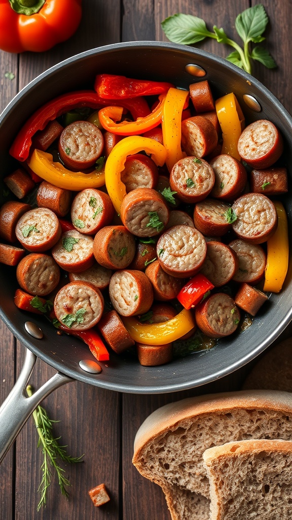 A colorful medley of spicy sausage and bell peppers in a skillet, garnished with fresh herbs.