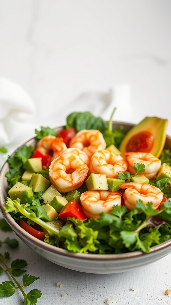 A colorful bowl of spicy shrimp and avocado salad with fresh vegetables.