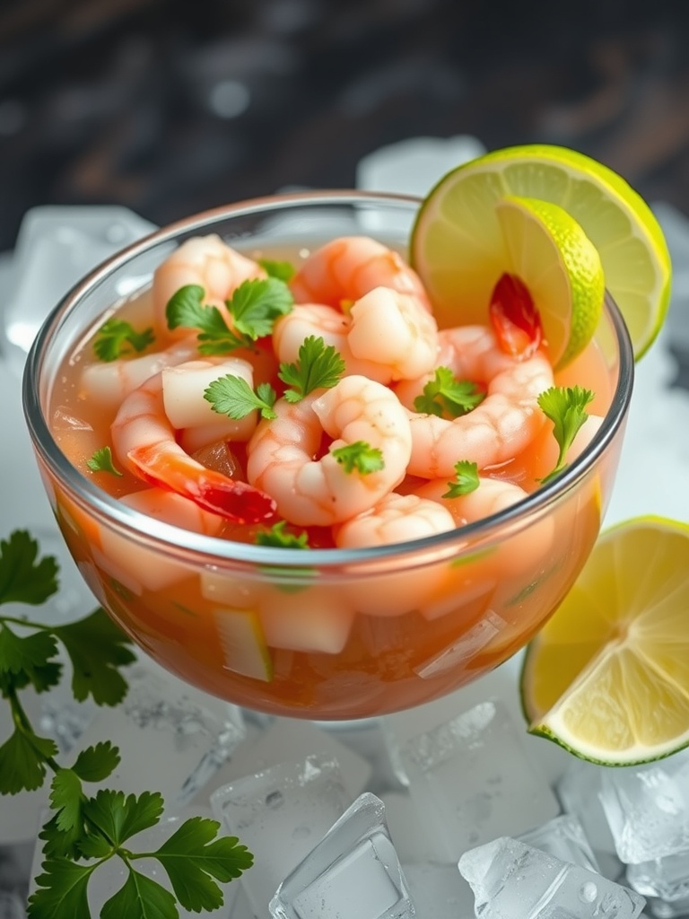 A bowl of spicy shrimp ceviche garnished with lime and cilantro, served on ice.