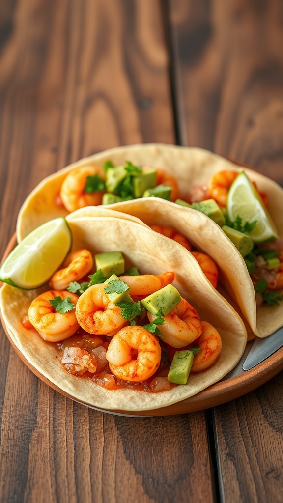 Spicy shrimp tacos with avocado salsa on a wooden plate