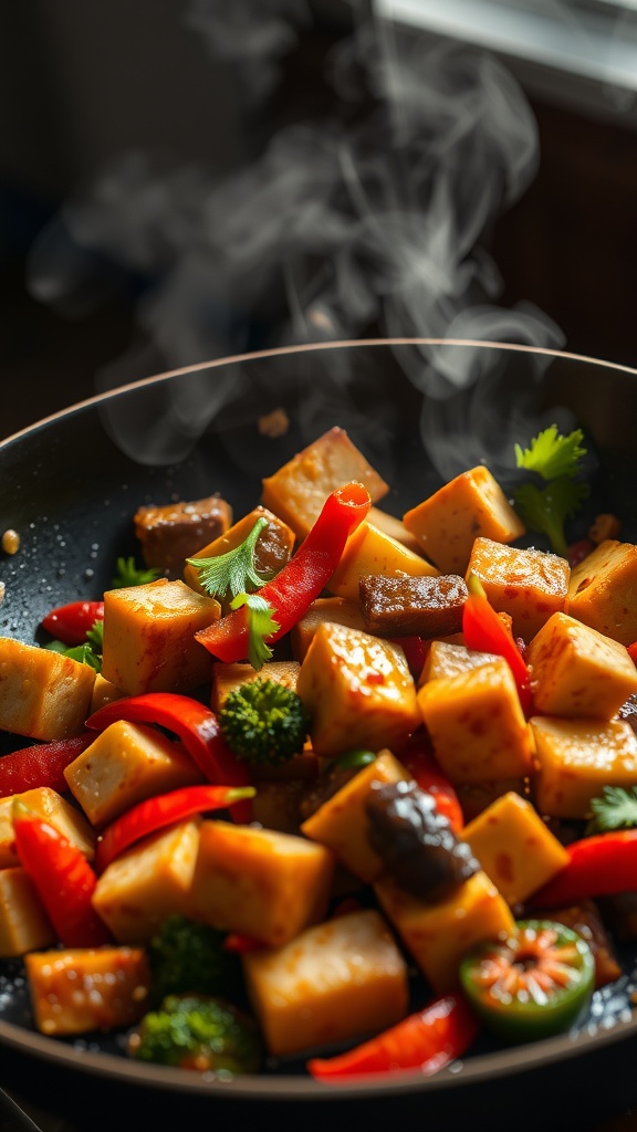 A colorful spicy tofu stir-fry with vegetables in a skillet, steam rising.