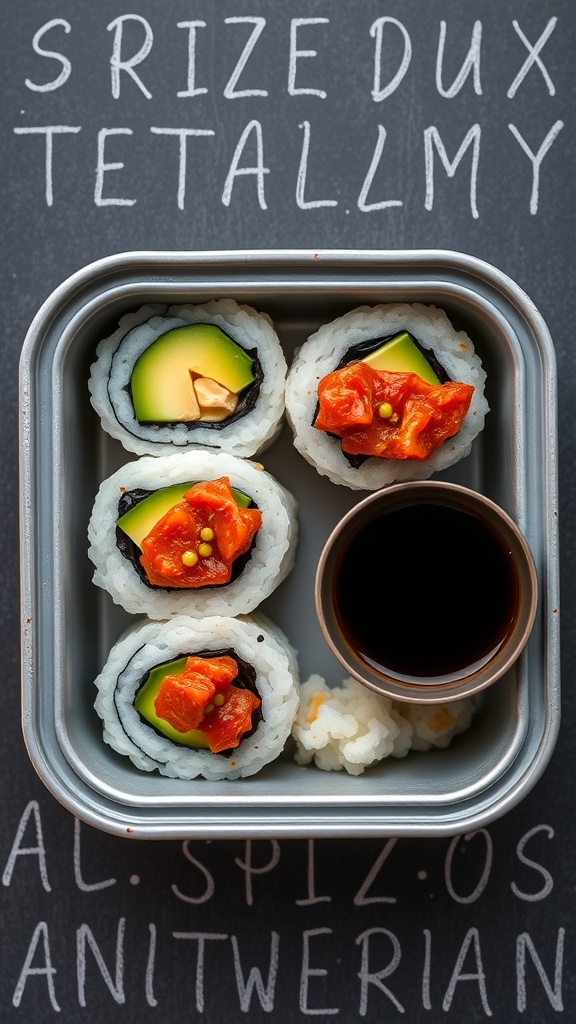 Spicy tuna and avocado sushi rolls in a lunchbox with soy sauce.