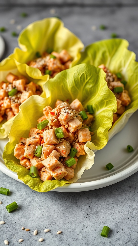 Spicy tuna salad served in lettuce wraps with green onions and sesame seeds