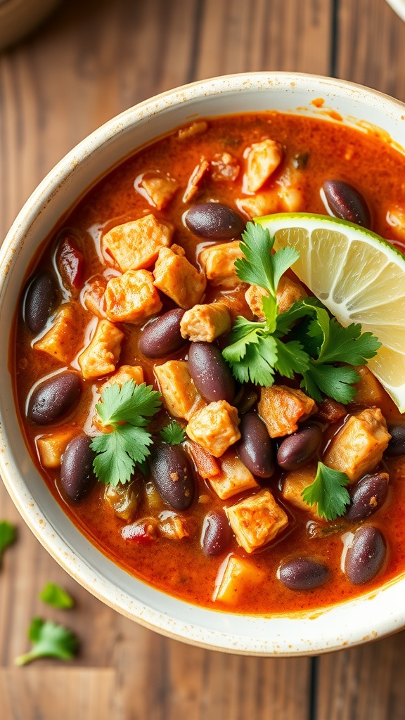 A bowl of spicy turkey and black bean chili garnished with cilantro and a lime wedge.