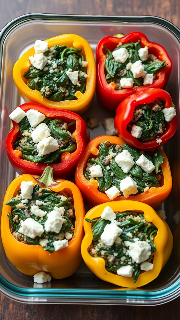 Colorful stuffed peppers filled with spinach and feta cheese