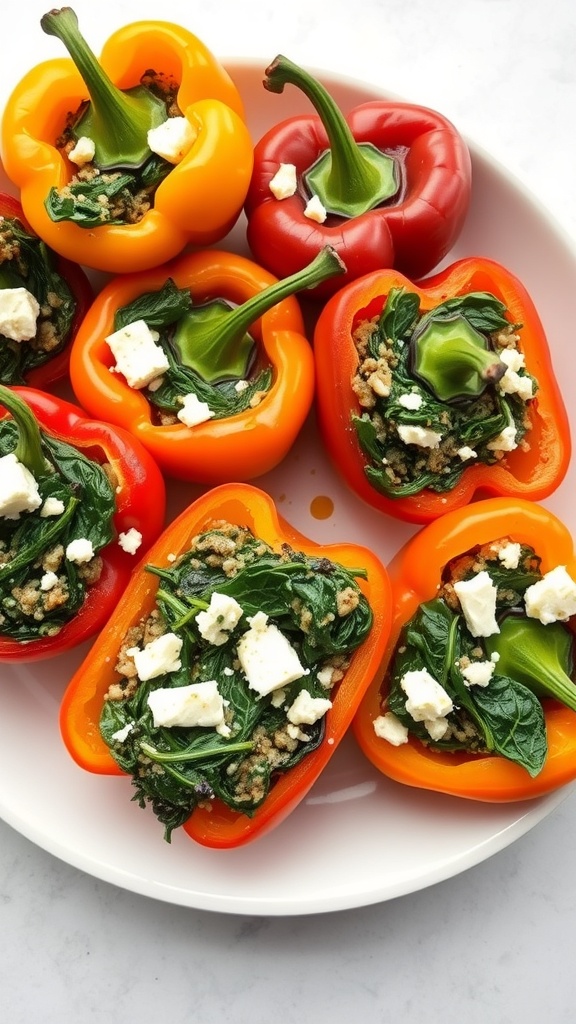 Colorful bell peppers stuffed with spinach and feta cheese on a plate.