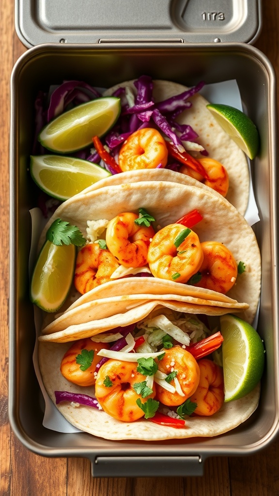 A lunchbox containing Sriracha shrimp tacos with lime wedges and colorful veggies.