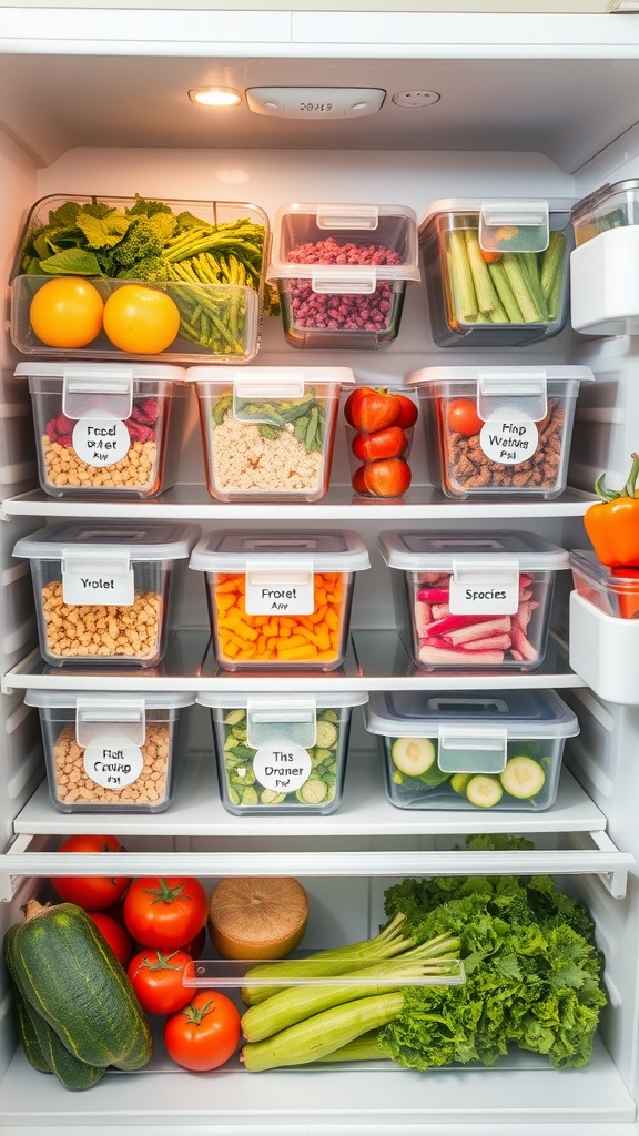 A well-organized fridge with labeled containers filled with fresh fruits and vegetables.