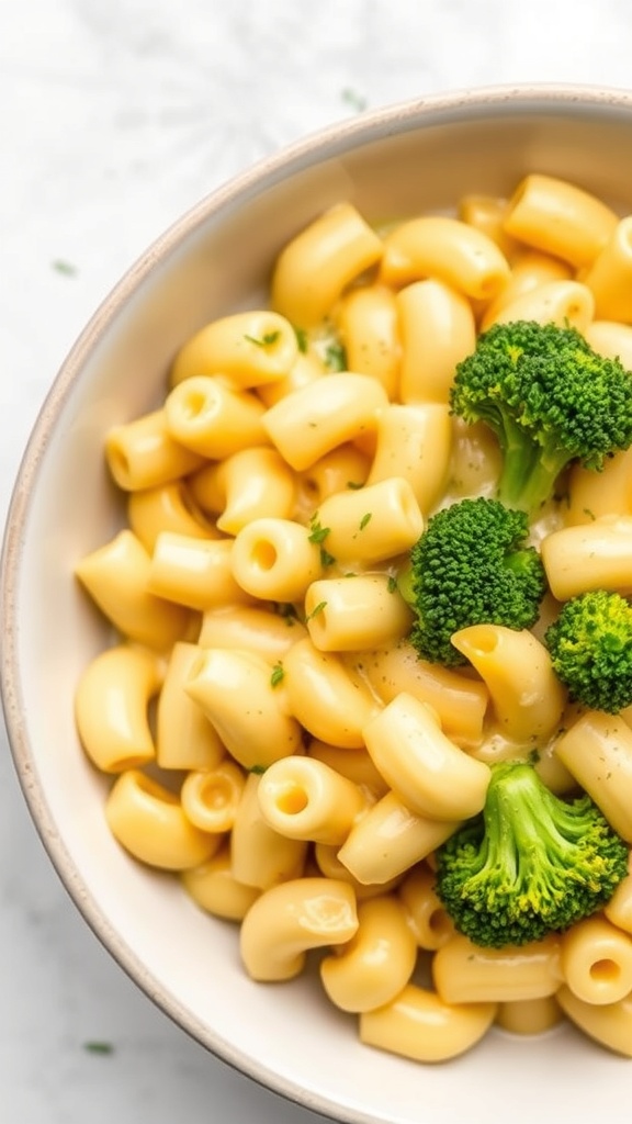 A bowl of creamy stovetop mac and cheese with broccoli florets