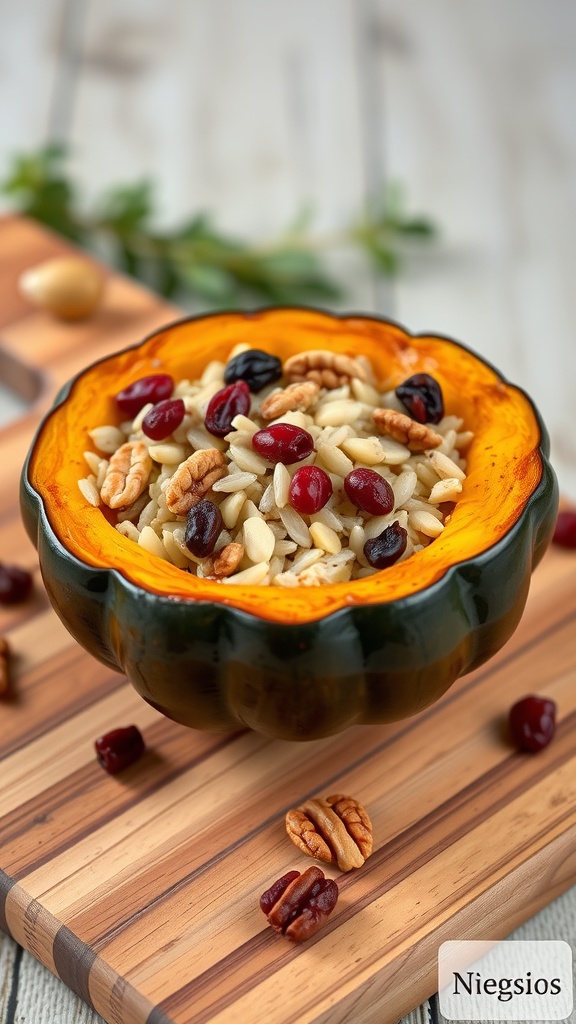 Stuffed acorn squash filled with wild rice, cranberries, and pecans on a wooden cutting board.