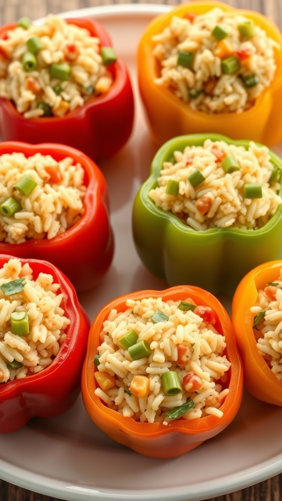 Colorful stuffed bell peppers filled with rice and vegetables