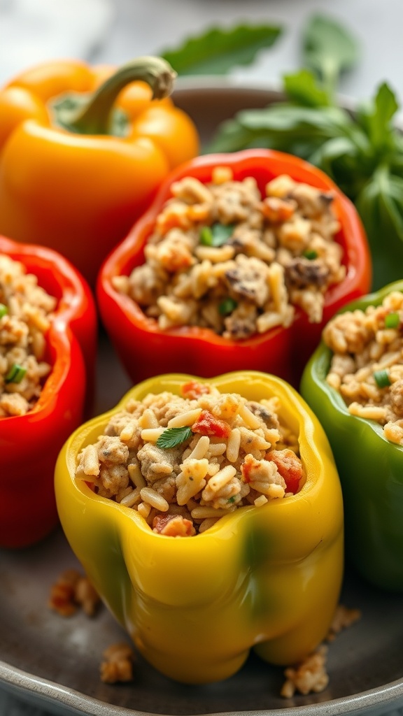 Colorful stuffed bell peppers filled with rice and meat mixture