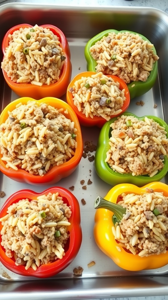 Colorful stuffed bell peppers filled with a savory mixture of rice and meat.