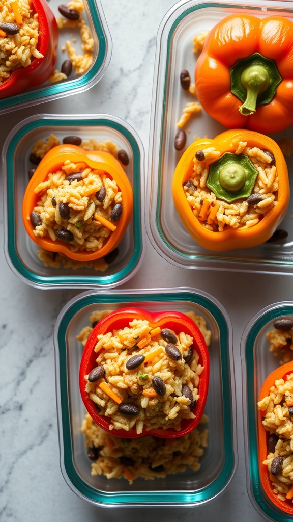 Colorful stuffed bell peppers filled with rice and beans, arranged in meal prep containers.