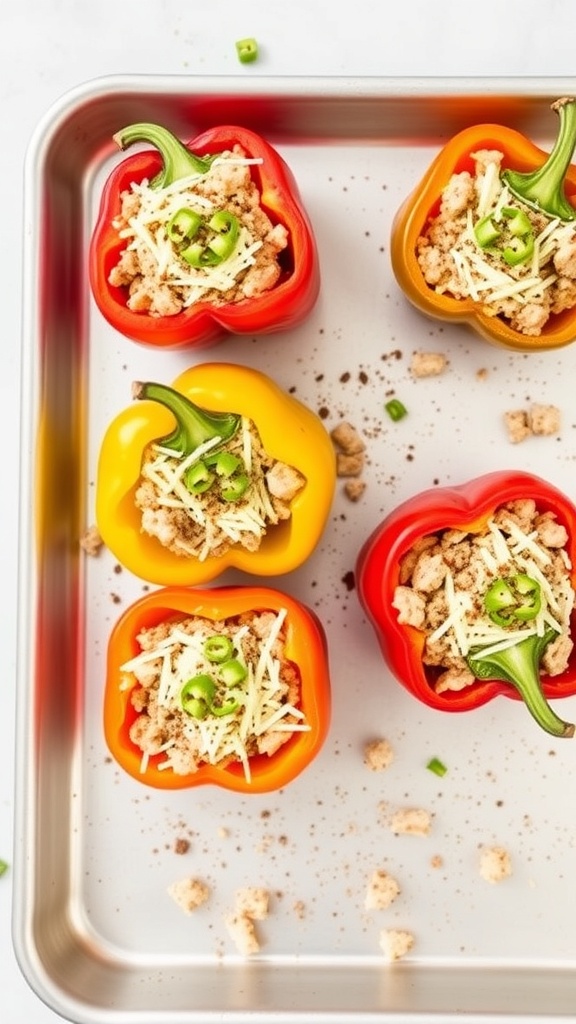 Colorful stuffed bell peppers filled with ground turkey and cheese, ready for baking.
