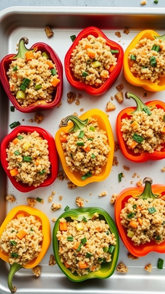 Colorful stuffed bell peppers filled with quinoa and vegetables, ready to be baked.