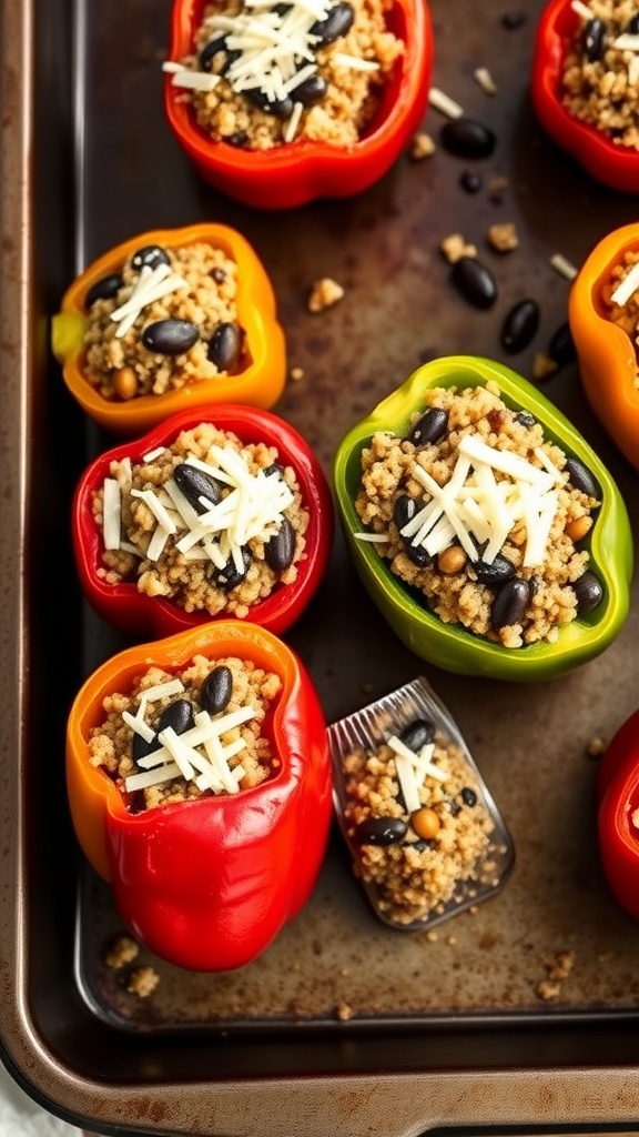Colorful stuffed bell peppers filled with quinoa and black beans, topped with cheese, on a baking tray.