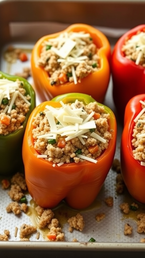 Colorful stuffed bell peppers filled with quinoa and turkey, topped with cheese.