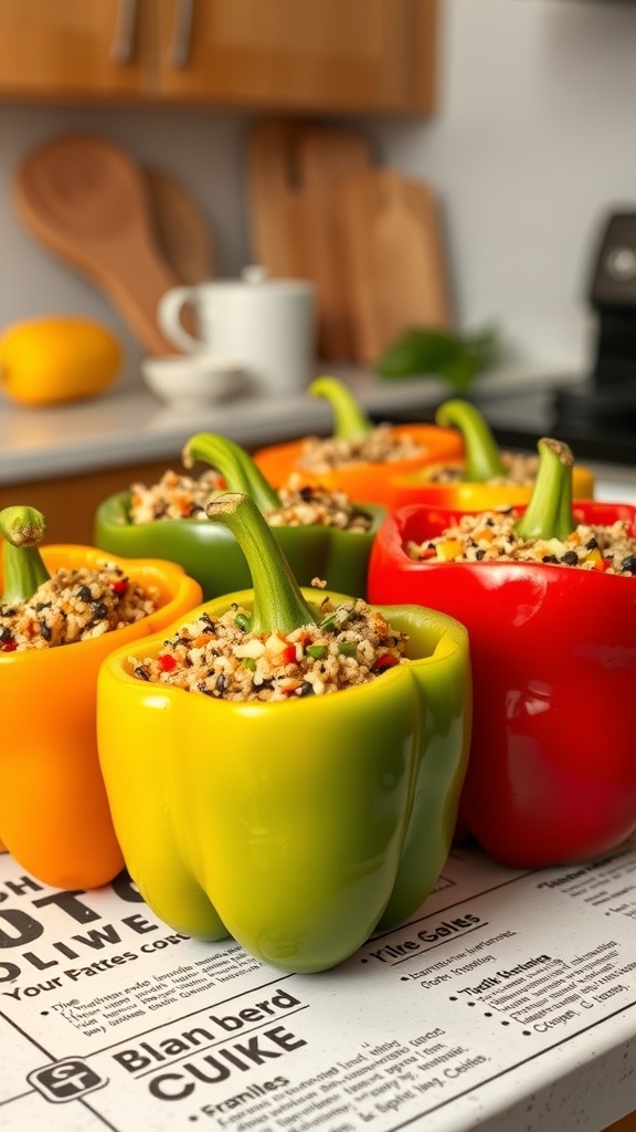 Colorful stuffed bell peppers filled with quinoa and vegetables on a kitchen countertop.