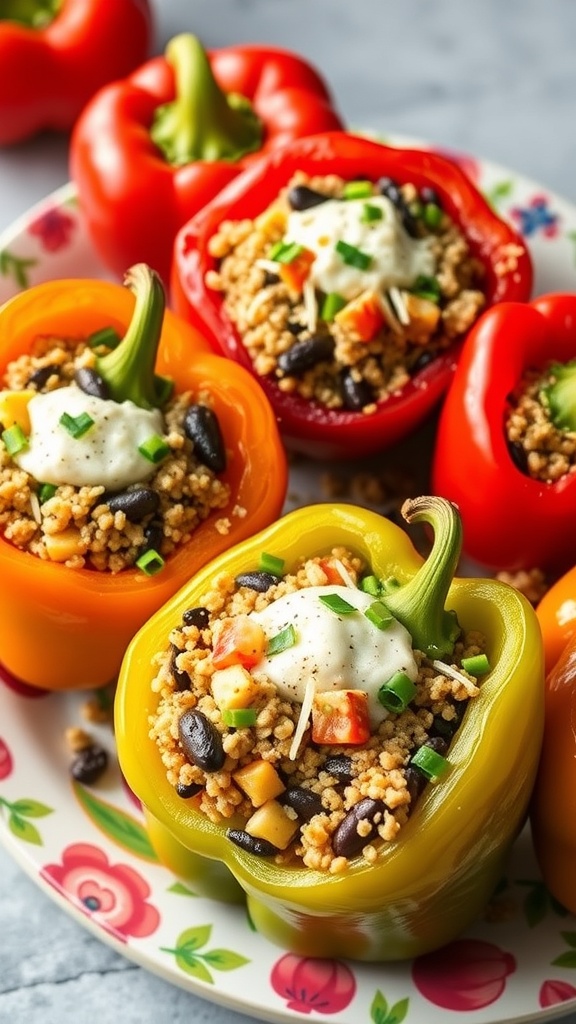 Colorful stuffed bell peppers filled with quinoa, black beans, and topped with yogurt and green onions.