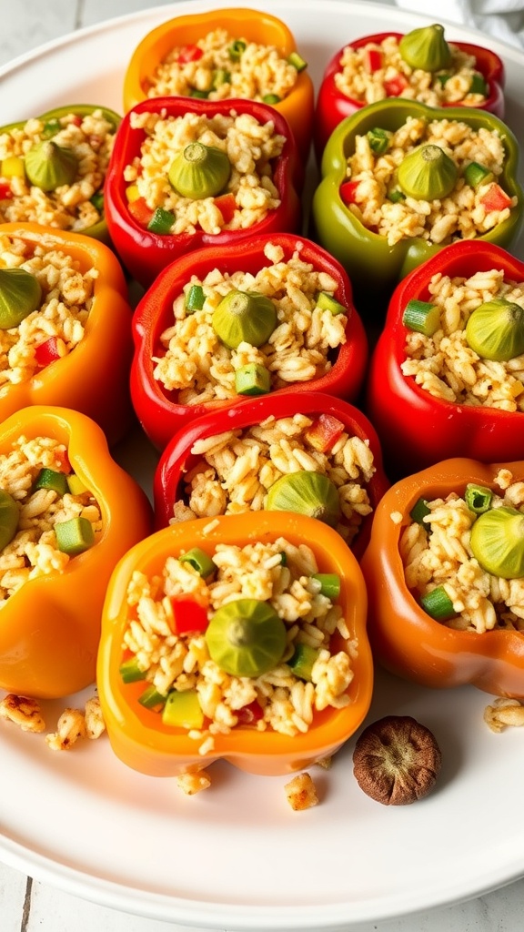 Colorful stuffed bell peppers filled with rice and vegetables.
